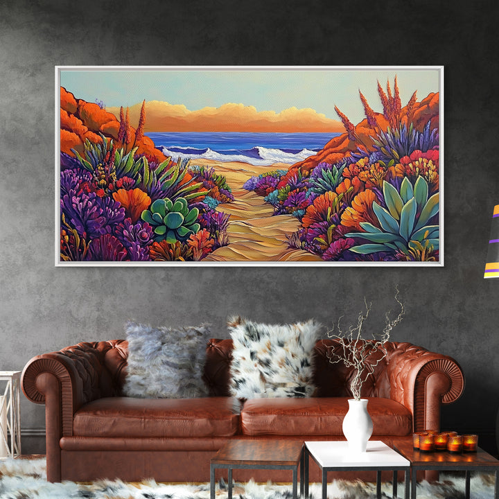 Beach Trail, Succulents, Ocean Path, Framed Canvas Print, Vibrant desert-to-ocean painting perfect Kitchen Wall Art or Boho Coastal Decor