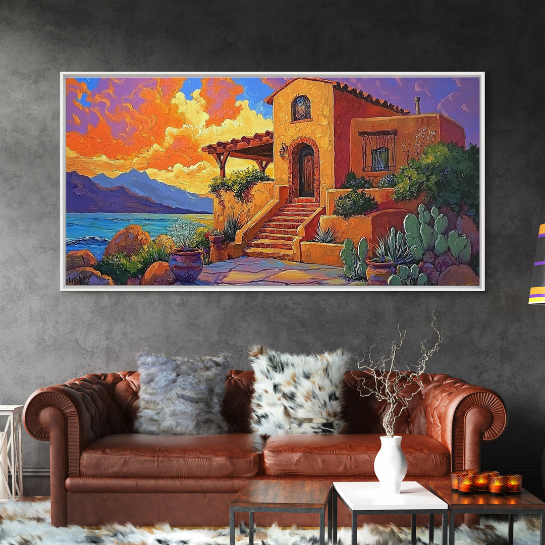 Desert Adobe, Sunset, Southwest, Framed Canvas Print, southwestern home art, rustic decor, living room wall art, fall adobe style