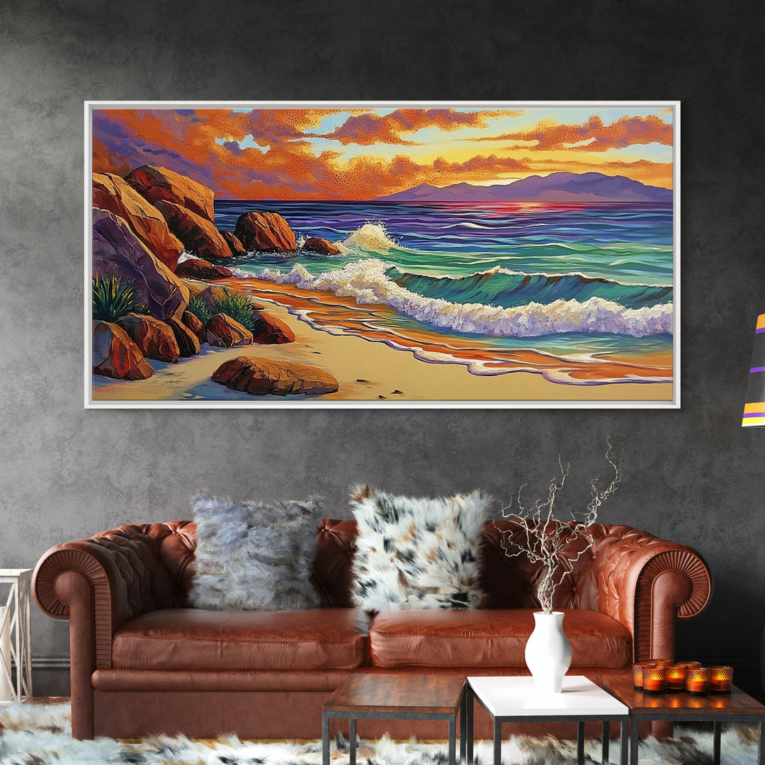 Coastal Sunset, Waves, Shore, Framed Canvas Print, ocean beach decor, seascape living room wall art, tropical boho coastal style