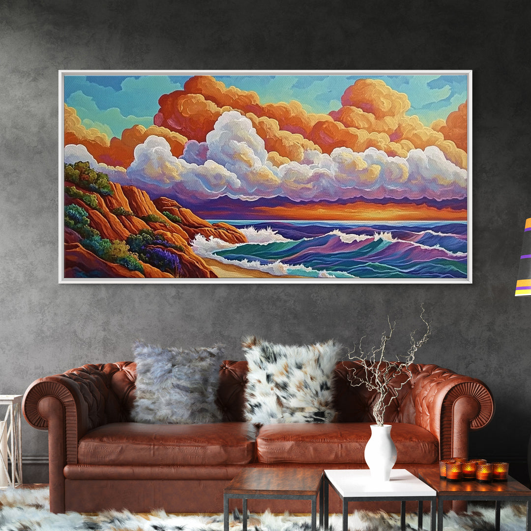 Clouds Ocean, Sunset, Dreamy, Framed Canvas Print, whimsical seascape, vibrant wave art, living room decor, beach wall art