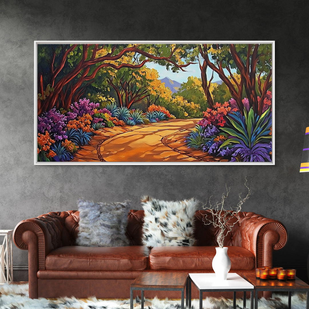 Nature Pathway, Garden, Trees, Framed Canvas Print, vibrant forest trail art, spring botanical decor, living room boho landscape