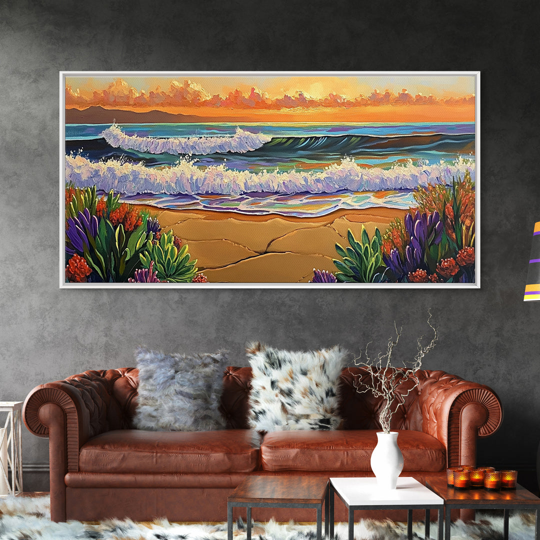 Ocean Sunset, Waves, Coastal, Canvas Print, ocean waves at sunset, Coastal Wall Art, vibrant seascape decor, beach house art