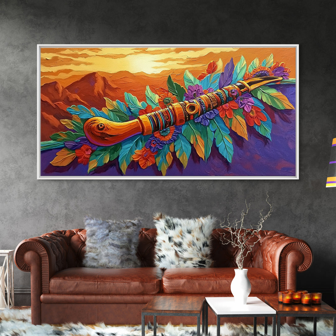 Native Flute, Flowers, Sunset, Framed Canvas Print, Spiritual Native American flute art with flowers and mountains, Boho Wall Art