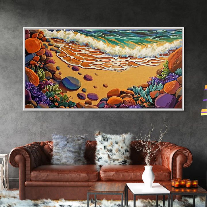 Coastal Shoreline, Footprints, Framed Canvas Print, Coastal beach waves and footprints art with colorful rocks, Bathroom Wall Art