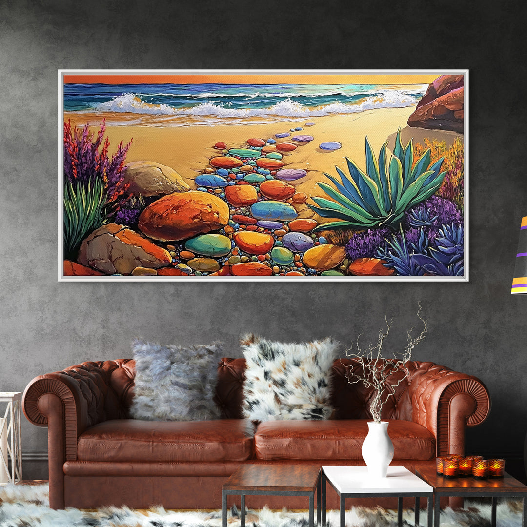Beach Path, Ocean, Sunset, Canvas Print, Colorful beach path with stones and ocean waves, vibrant coastal Living Room Wall Art