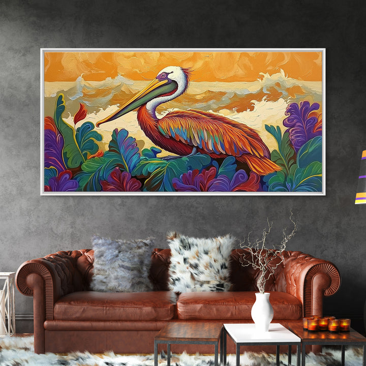 Pelican, Waves Tropical, Canvas Print, Bright tropical pelican artwork with ocean waves and foliage, great Bathroom Wall Art