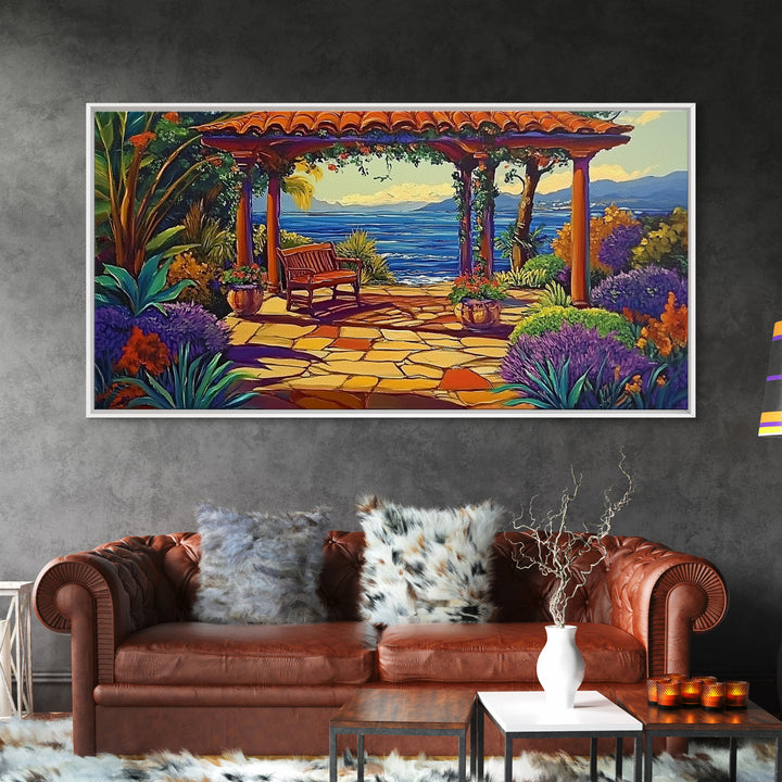 Garden Ocean View, Terrace, Framed Canvas Print, Serene garden bench by the ocean with colorful flowers, perfect Living Room Wall Art
