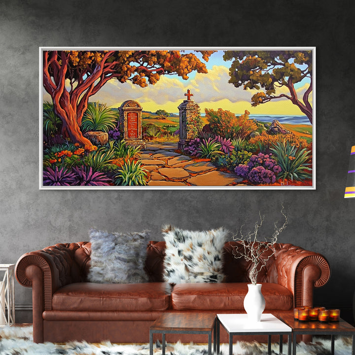 Cross Memorial, Sunset, Framed Canvas Print, Peaceful Autumn scene with cross and mountain view, ideal Fall Living Room Wall Art