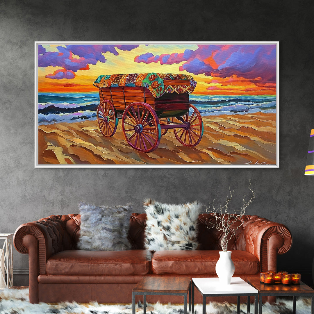 Beach Wagon, Sunset, Decor, Framed Canvas Print western wall art, desert decor, living room boho art, rustic coastal art, beach house