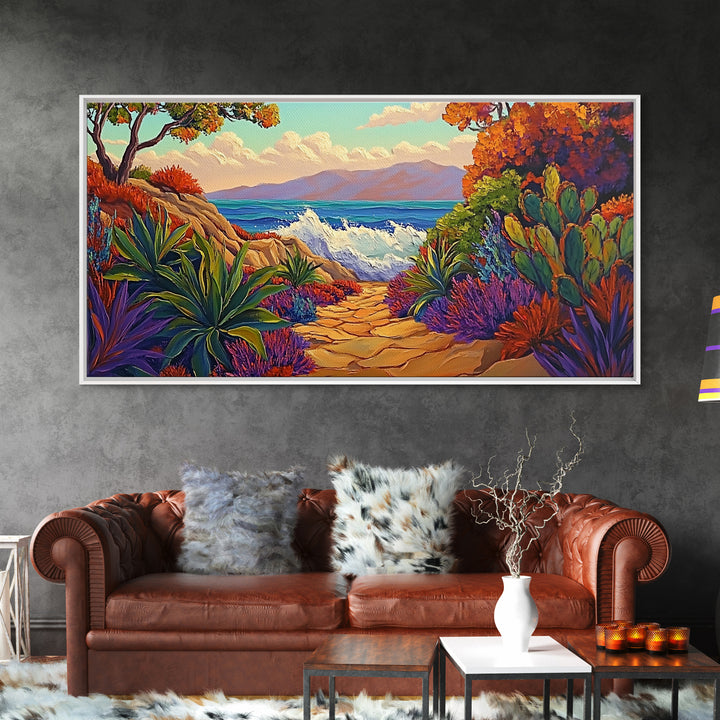 Ocean Path, Sunset, Nature, Canvas Print vibrant coastal wall art, autumn cactus decor, tropical landscape painting, entryway art