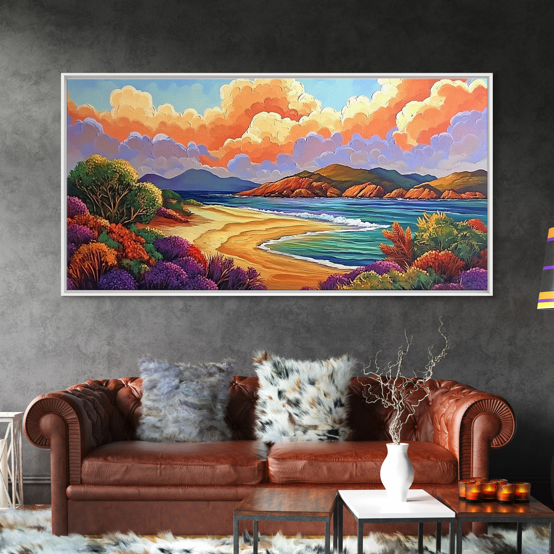 Beach Clouds, Coastal, Pastel, Framed Canvas Print soft tropical seascape painting, ocean view boho art, serene living room print