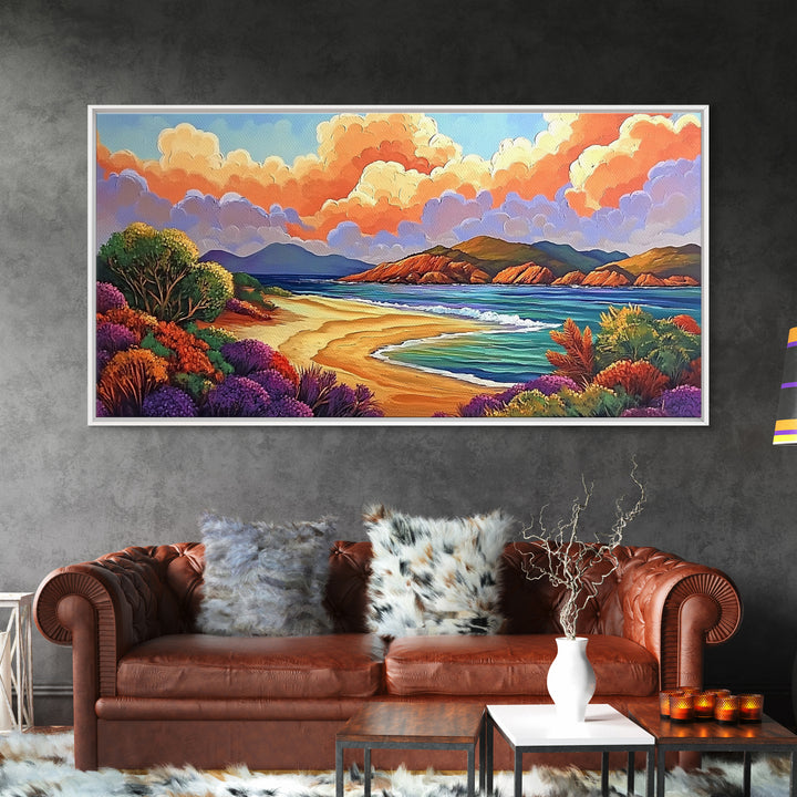 Beach Clouds, Coastal, Pastel, Framed Canvas Print soft tropical seascape painting, ocean view boho art, serene living room print