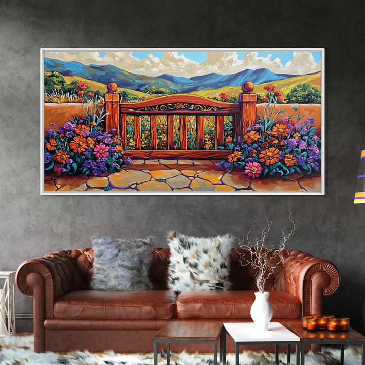 Gate Flowers, Mountains, Country, Framed Canvas Print rustic floral country gate art, bright farmhouse boho garden decor, patio print