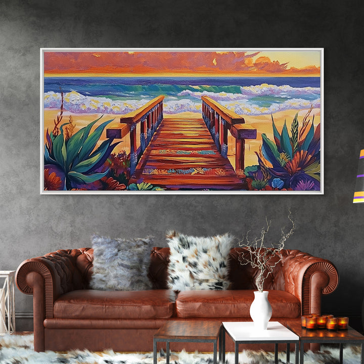 Beach Boardwalk, Sunset, View, Framed Canvas Print, boardwalk to beach, Coastal Entryway Art, sunset seascape painting, ocean cottage
