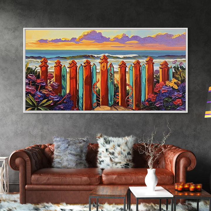 Ocean Fence, Flowers, Canvas Print, Coastal Wall Art, Beach House Decor, Nautical Art, Seaside Painting, Sunset Art, Vibrant Living Room