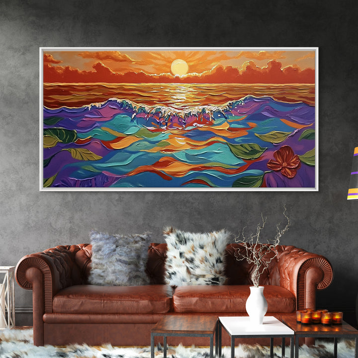 Ocean Sunset, Petals, Framed Canvas Print, Beachy Living Room Decor, Vibrant Seascape Art, Tropical Floral Painting, Boho Home Accent