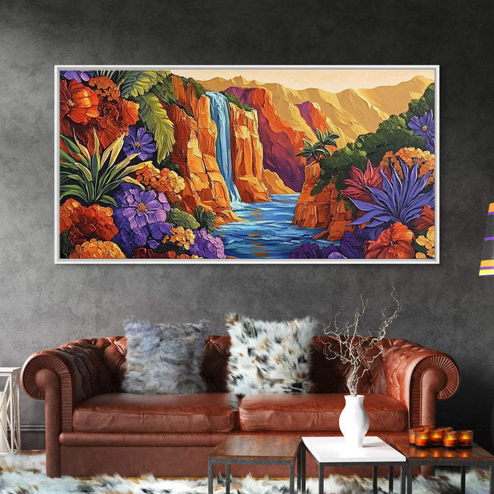 Canyon Waterfall, Desert Bloom, Sunset Rocks, Framed Canvas Print, Nature Landscape Wall Art, Boho Bedroom or Office Decor