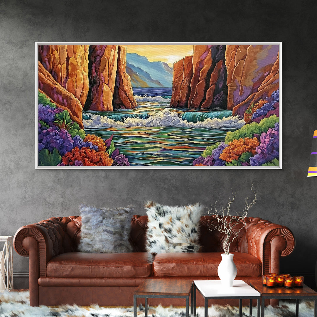Canyon Cliffs, Ocean View, Sunset Water, Framed Canvas Print, Vibrant Landscape Wall Art, Office or Entryway Nature Decor