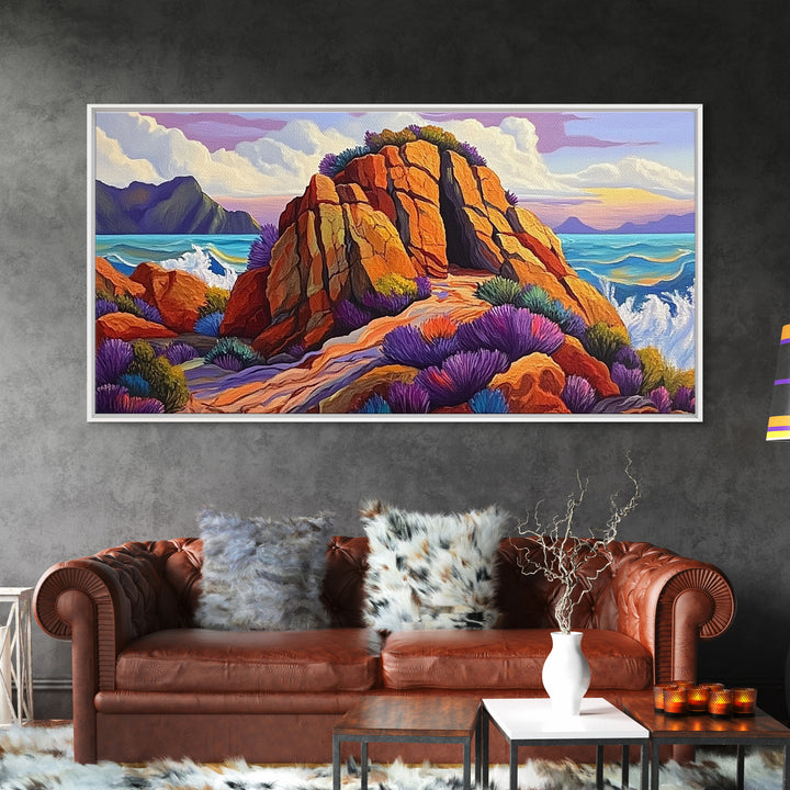 Ocean Cave, Rocky Coast, Lavender Brush, Framed Canvas Print, Bold Nature Wall Art, Vibrant Bedroom or Study Coastal Decor