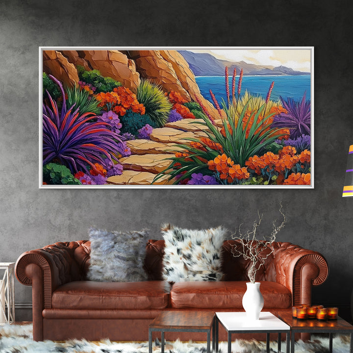 Floral Path, Coastal Trail, Ocean View, Framed Canvas Print, Bright Nature Wall Art, Vibrant Hallway or Kitchen Boho Decor