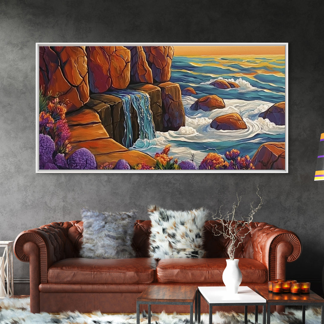 Cliffside Waterfall, Ocean Swirls, Sunset Tide, Framed Canvas Print, Nature Landscape Wall Art, Bold Boho Living Room Decor