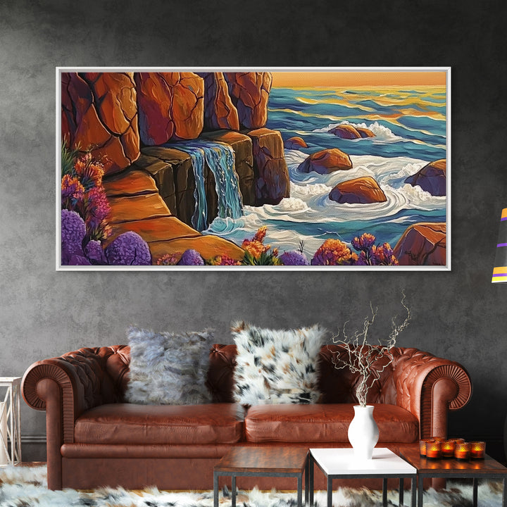Cliffside Waterfall, Ocean Swirls, Sunset Tide, Framed Canvas Print, Nature Landscape Wall Art, Bold Boho Living Room Decor