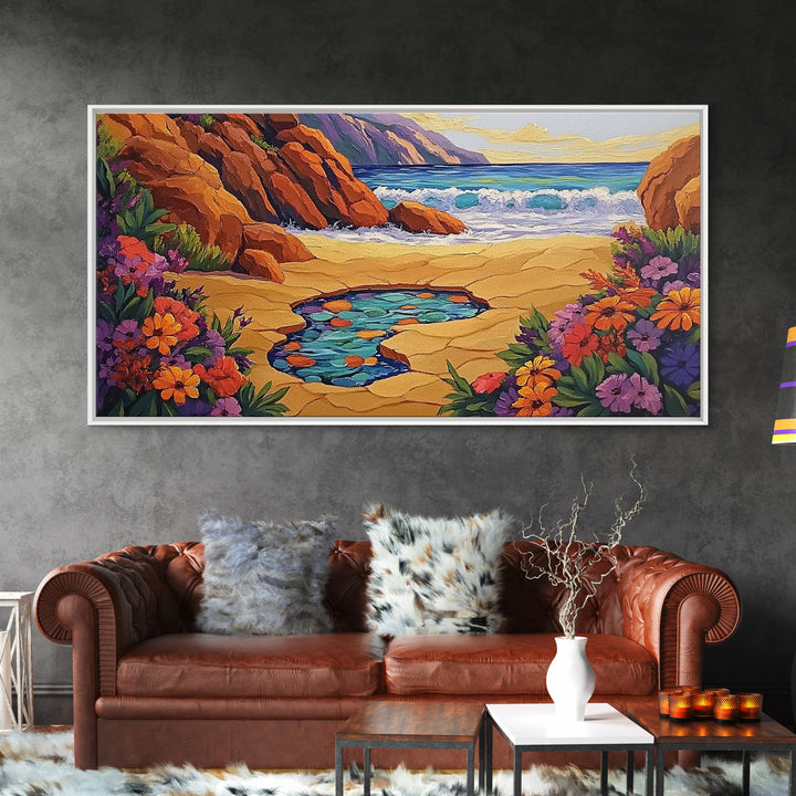 Tide Pool, Sandy Shore, Flower Beach, Canvas Print, Coastal Floral Wall Art, Vibrant Kitchen  Art, Hallway Summer Decor