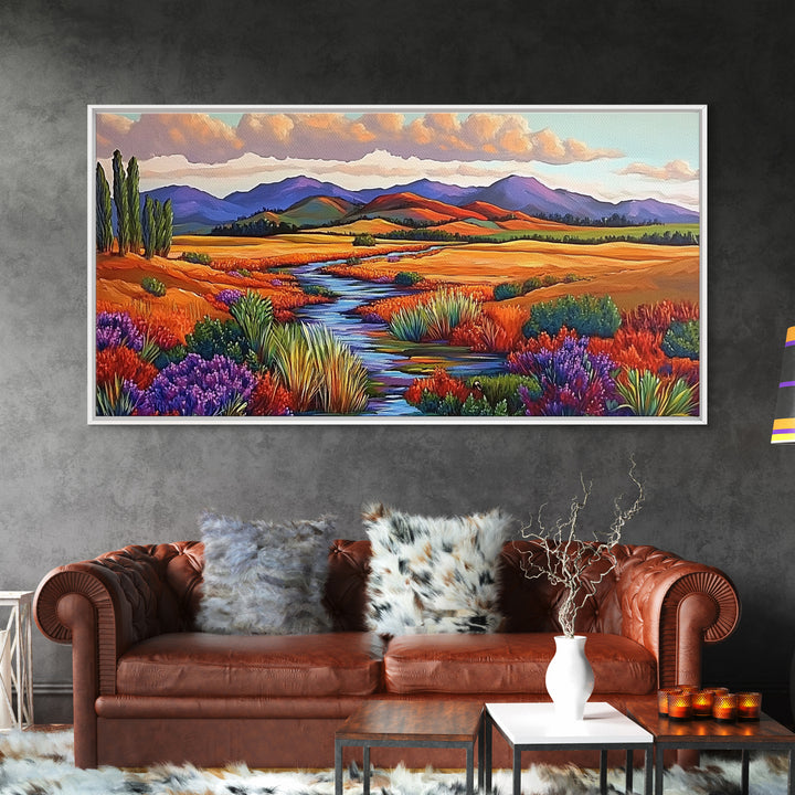 Autumn River, Golden Fields, Mountain View, Canvas Print, Fall Landscape Wall Art, Rustic Living Room Art, Seasonal Entryway Decor