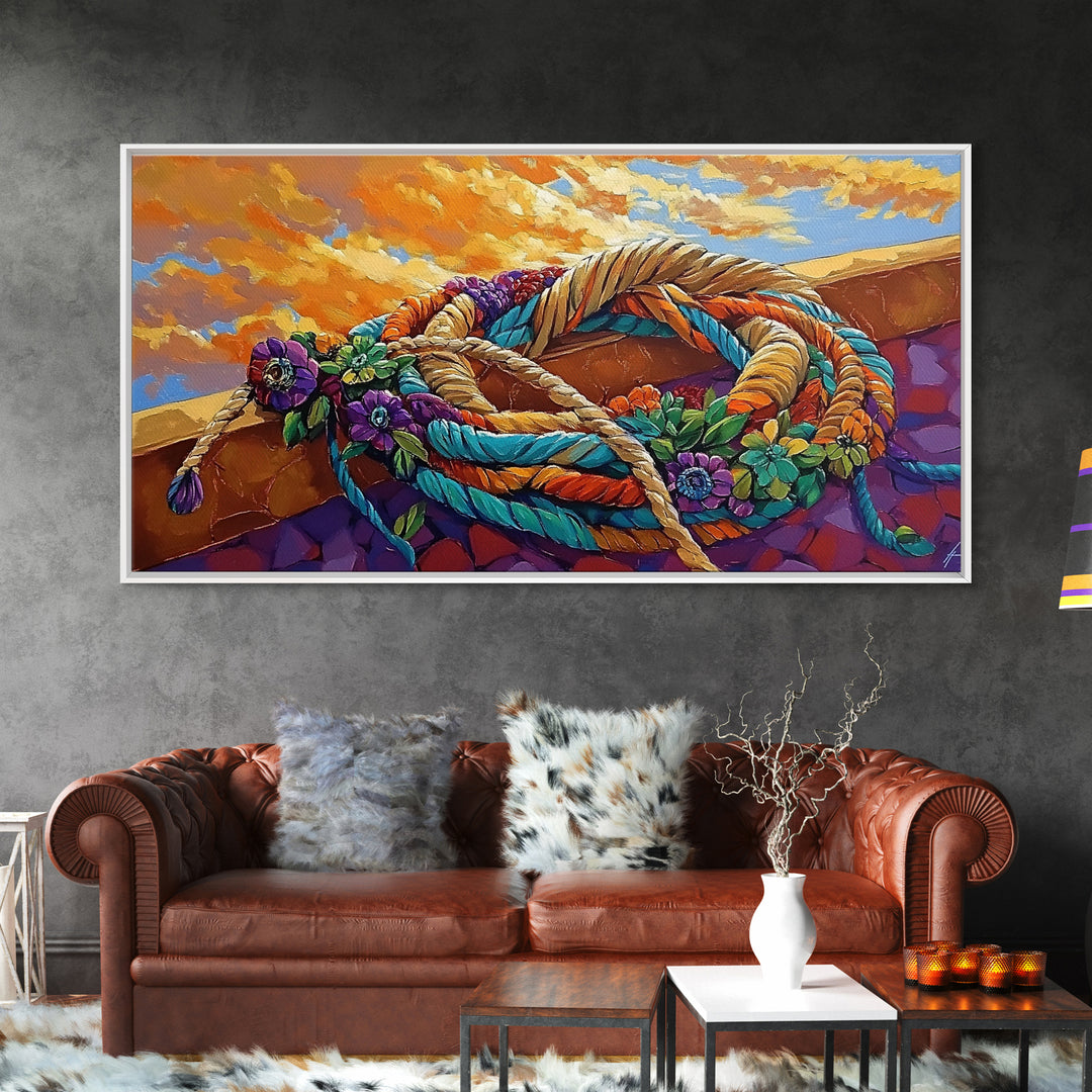 Desert Rope, Western Decor, Rustic Sunset, Framed Canvas Print, Southwestern Wall Art, Bold Kitchen or Ranch Style Office Decor
