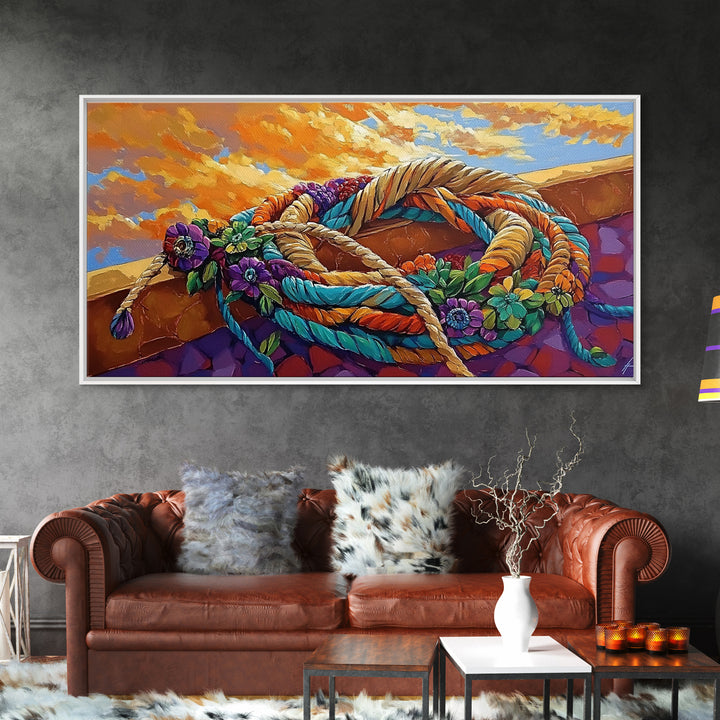 Desert Rope, Western Decor, Rustic Sunset, Framed Canvas Print, Southwestern Wall Art, Bold Kitchen or Ranch Style Office Decor