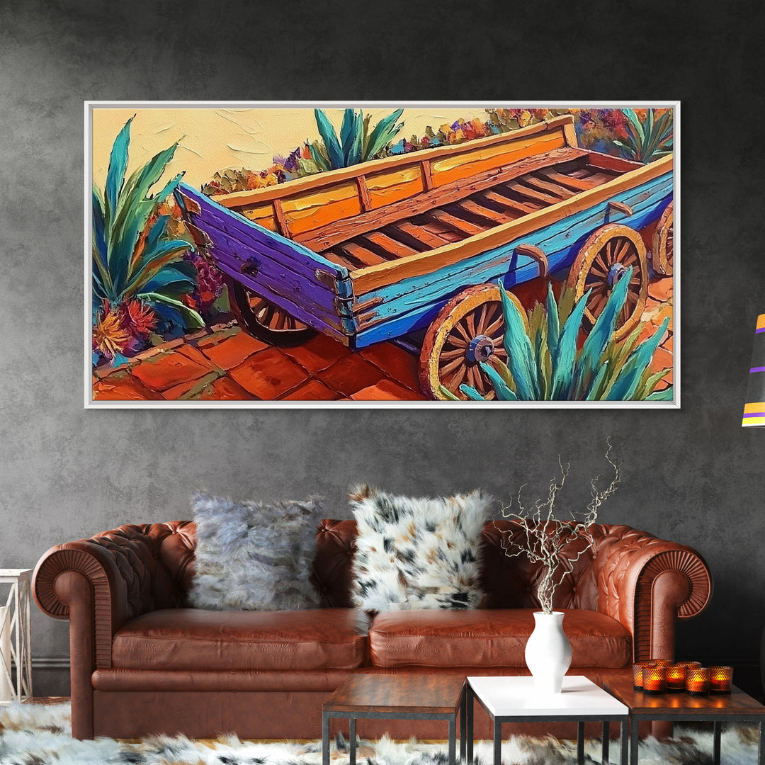 Painted Wagon, Rustic Charm, Color Pop, Framed Canvas Print, Western Farmhouse Wall Art, Vibrant Kitchen Print, Entryway Decor