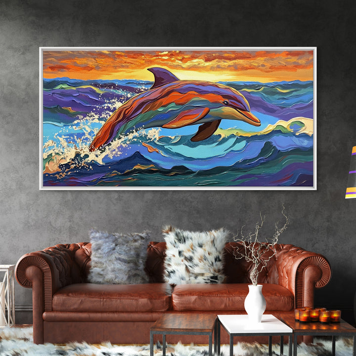 Dolphin Ocean, Sunset, Vibrant, Jumping Dolphin Canvas Print, Beach House Wall Art, Vibrant Ocean Scene, Kids Room Decor, Summer Art
