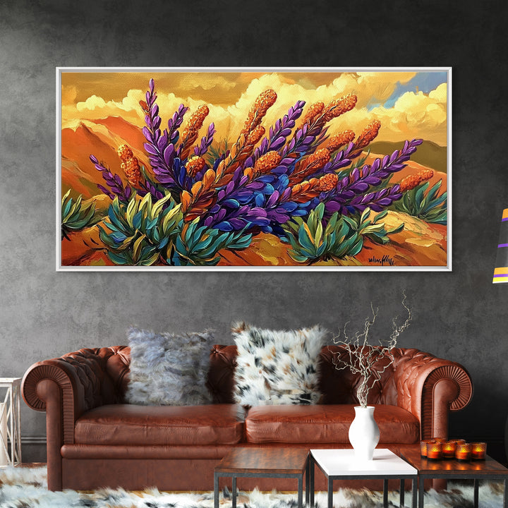Lavender Bloom, Desert, Hillside, Framed Canvas Print Vibrant floral wall art, southwest boho style, Autumn art, hallway decor