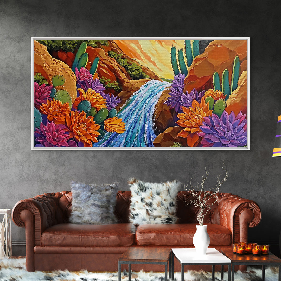 Cactus Canyon, Flowers, Waterfall, Framed Canvas Print Bright desert wall art, boho botanical painting, vibrant hallway home decor