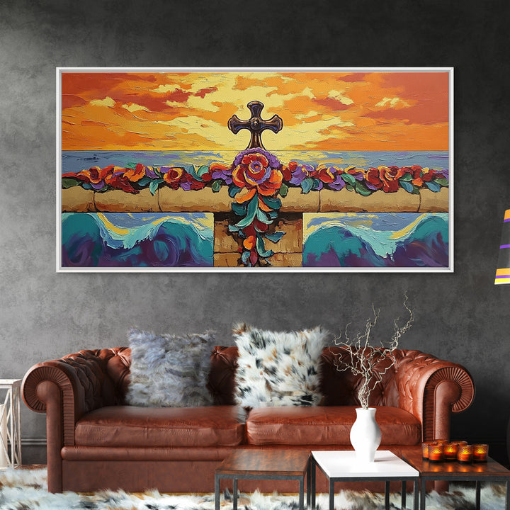 Cross Sunset, Flowers, Spiritual, Coastal Cross Sunset Framed Canvas Print, Christian Wall Art, Floral Beach Decor, Living Room Art