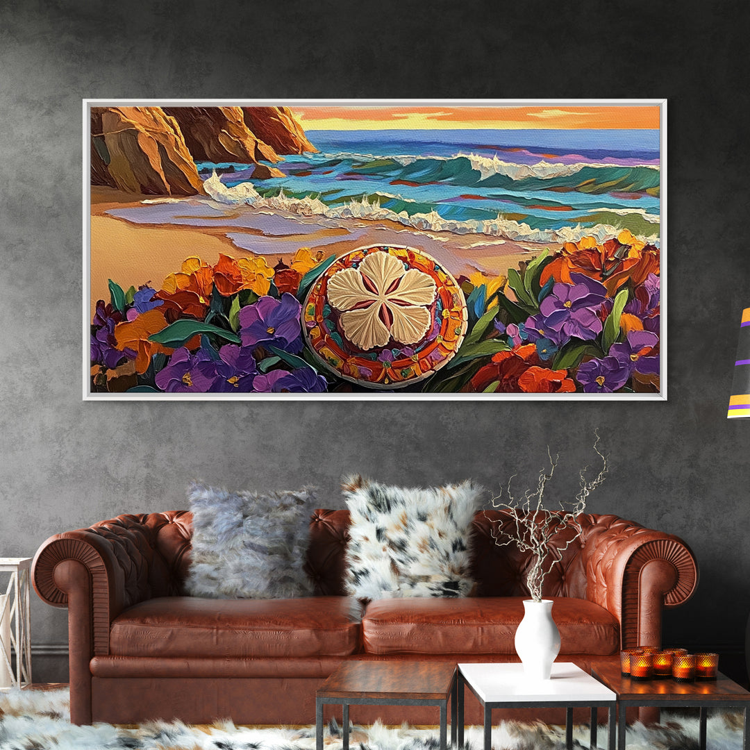 Ocean Beach, Flower, Sand Dollar, Coastal Beach Scene Framed Canvas Print, Bathroom Wall Art, Tropical Seaside Decor, Coastal Painting