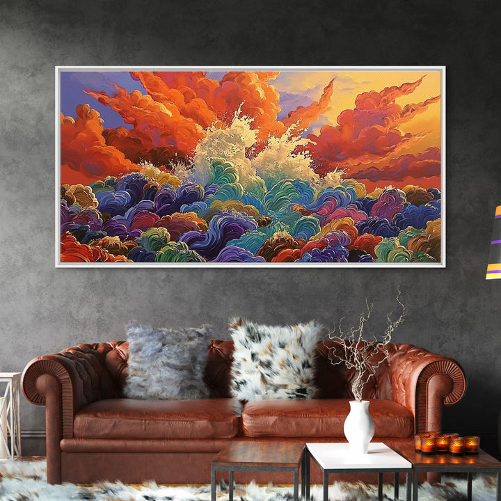 Waves Sunset, Abstract, Framed Canvas Print, Bold Ocean Explosion Art, Colorful Modern Wall Decor, Coastal Vibe Art Piece