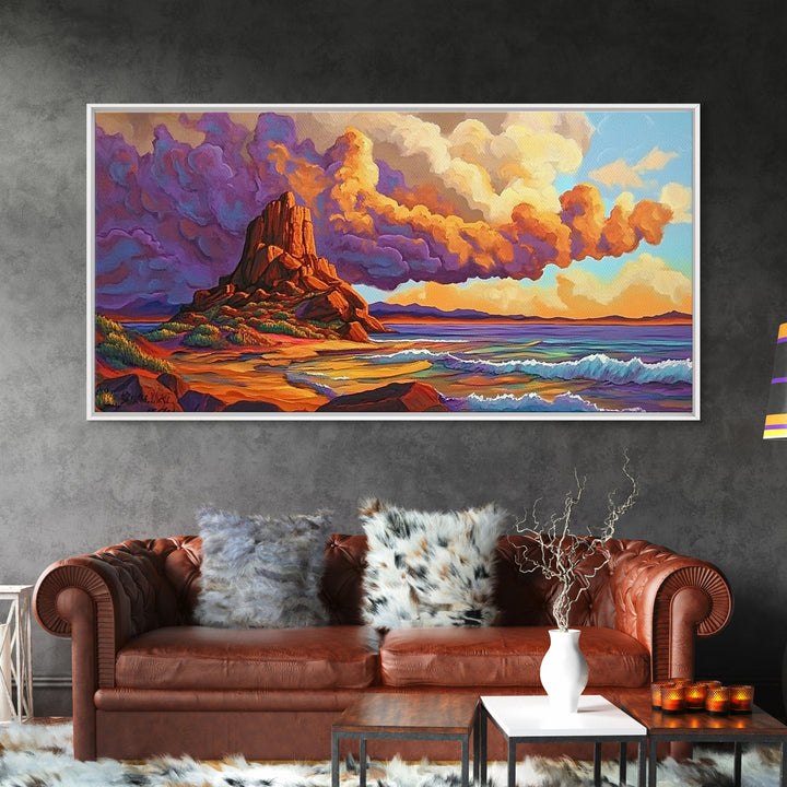 Sunset Clouds, Ocean, Cliffs, Framed Canvas Print, dramatic seascape art, Southwestern home decor, moody living room wall art