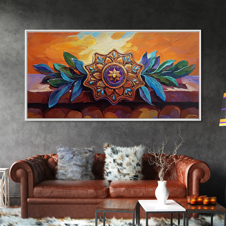 Mandala Sunset, Leaves, Ornament, Framed Canvas Print, spiritual boho wall decor, entryway wall art, zen home sacred symbol painting