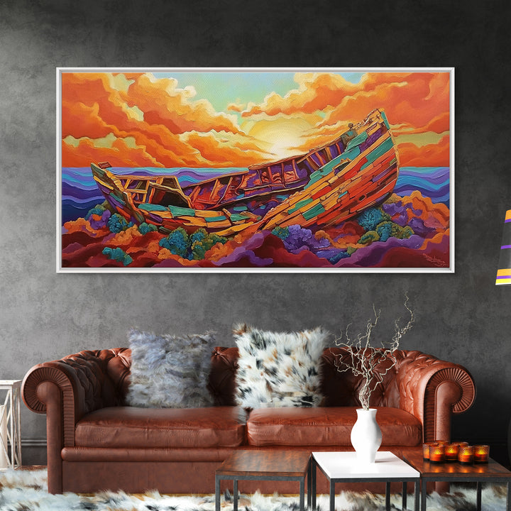 Shipwreck Sunset, Sea, Rustic, Framed Canvas Print, nautical fall coastal decor, beach cabin art, rustic ocean themed living room art