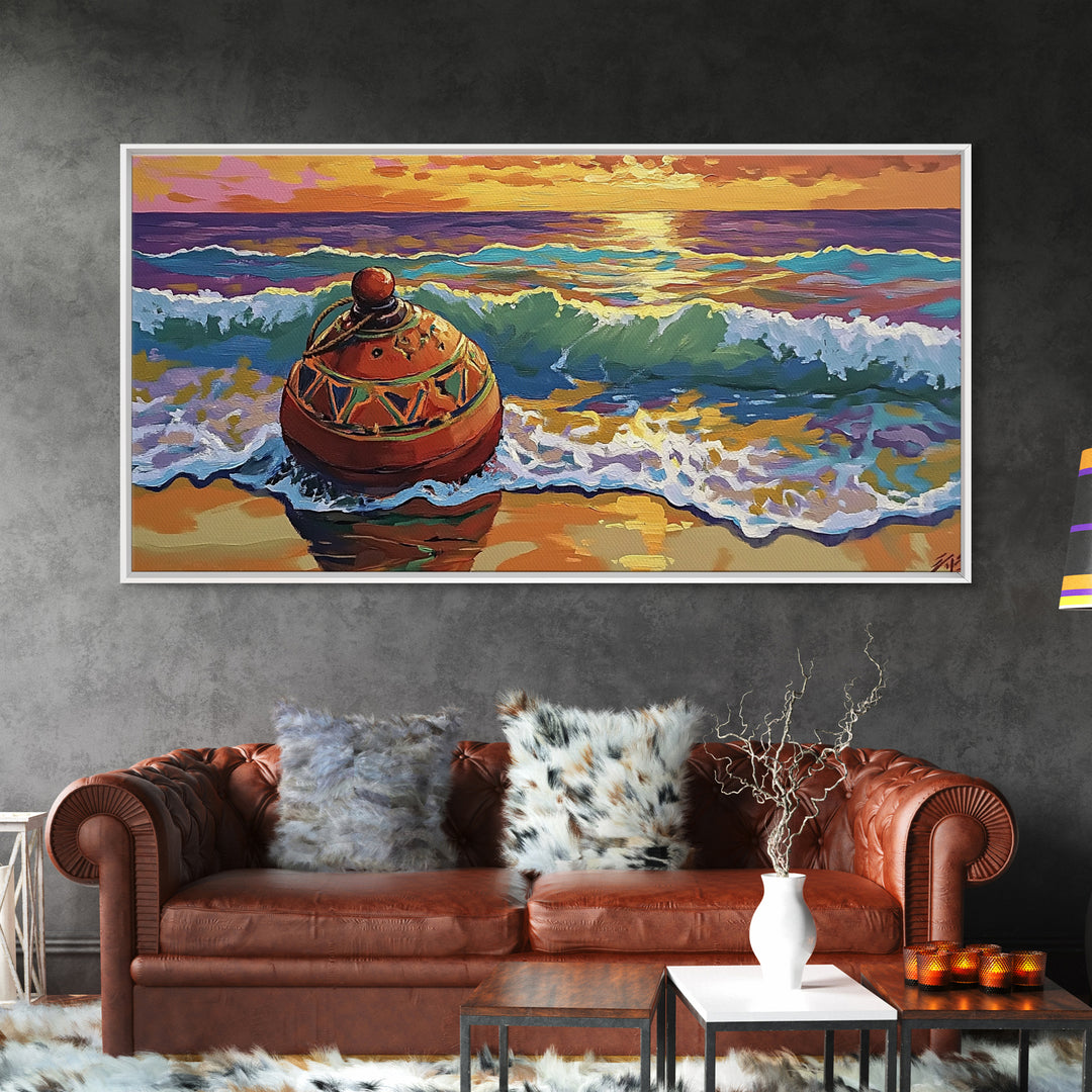 Buoy Shoreline, Sunset, Surf, Sunset Ocean Buoy Canvas Print, Coastal Wall Art, Nautical Theme Living Room, Bold Beach House Fall Decor