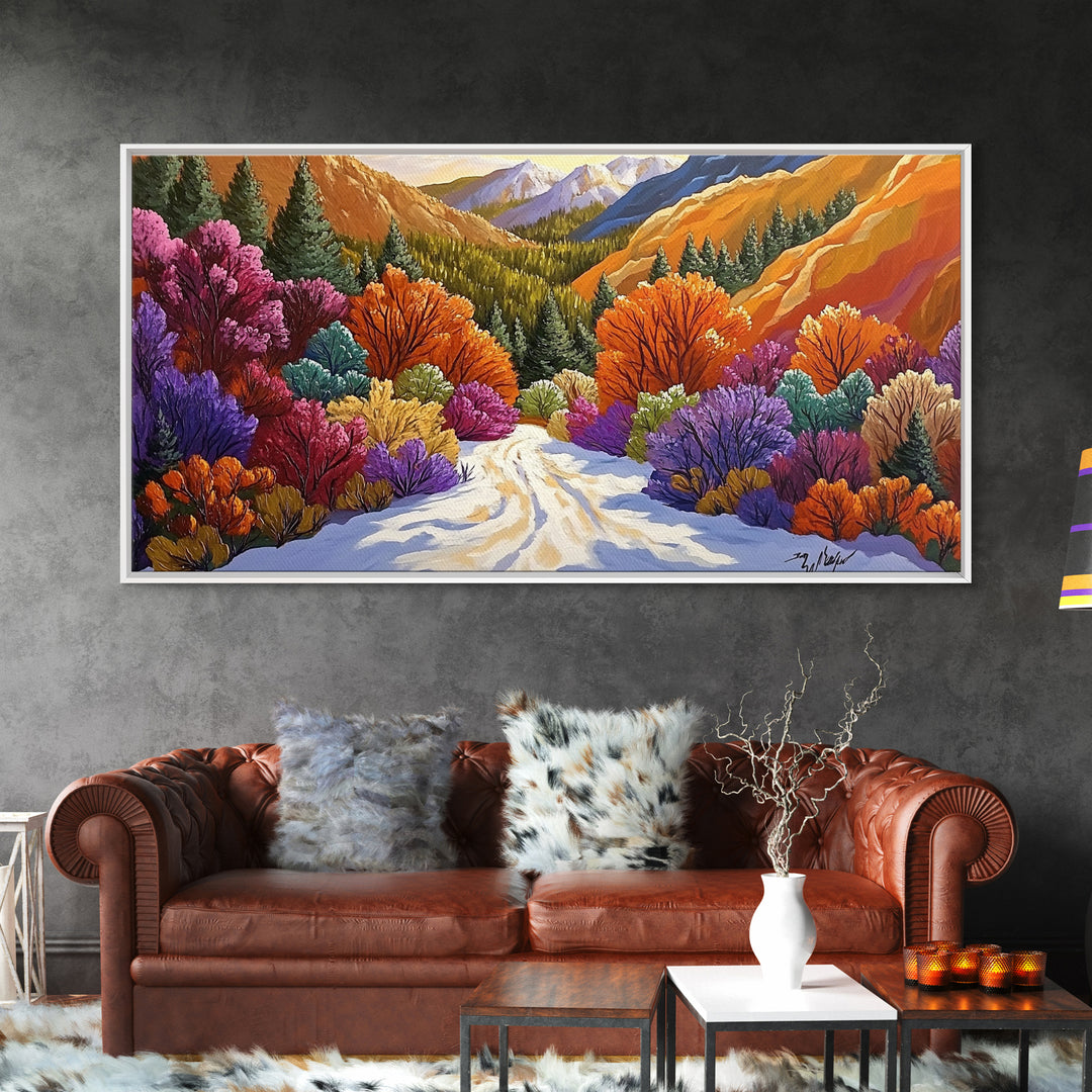 Autumn Forest, Snow, Trail, Canvas Print, Fall landscape painting, cabin wall decor, cozy mountain art, vibrant rustic hallway print