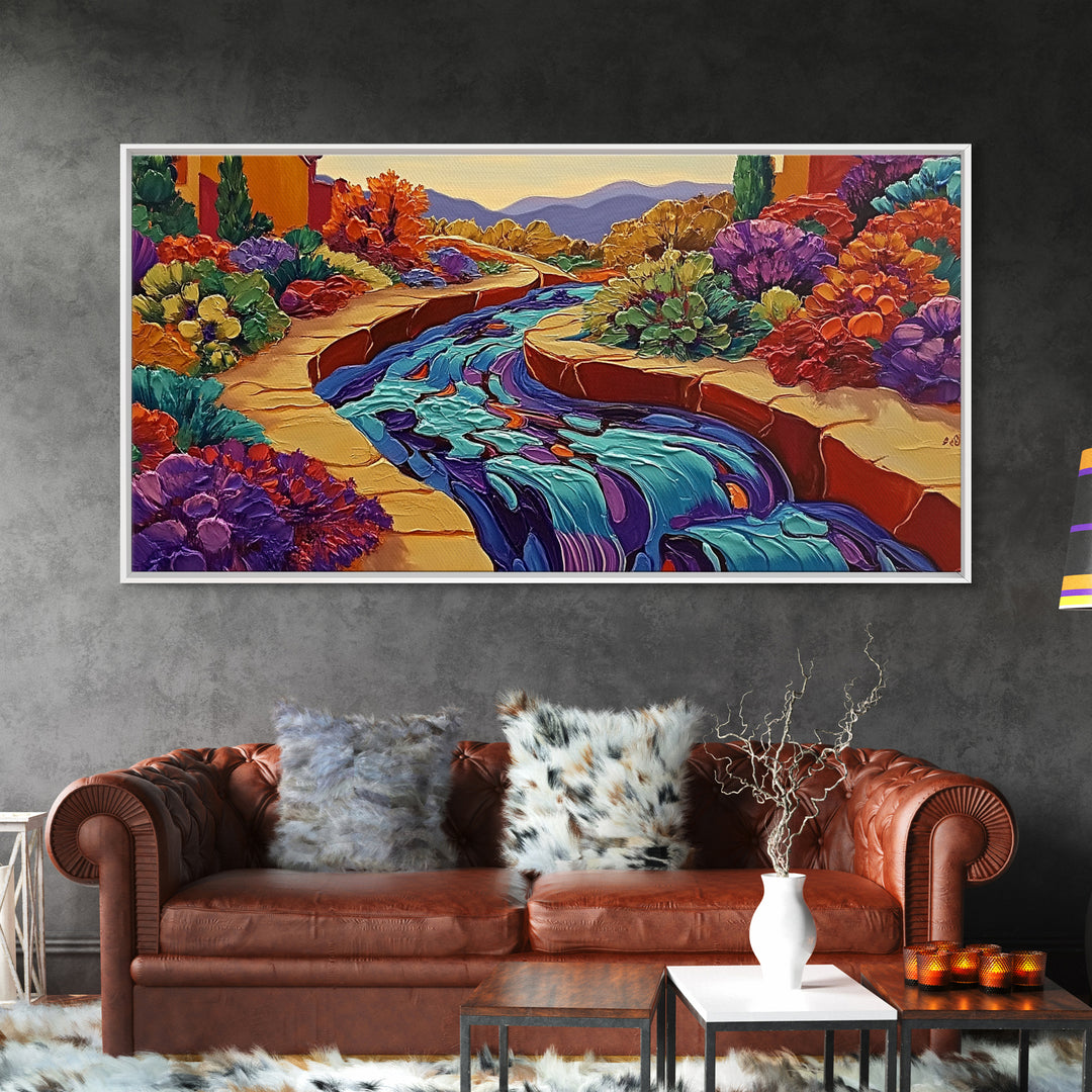Stream Garden, Colorful, Path, Framed Canvas Print, Southwestern landscape art, bright garden painting, hallway decor, fall home vibe