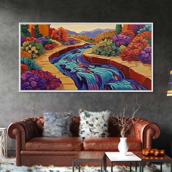 Stream Garden, Colorful, Path, Framed Canvas Print, Southwestern landscape art, bright garden painting, hallway decor, fall home vibe