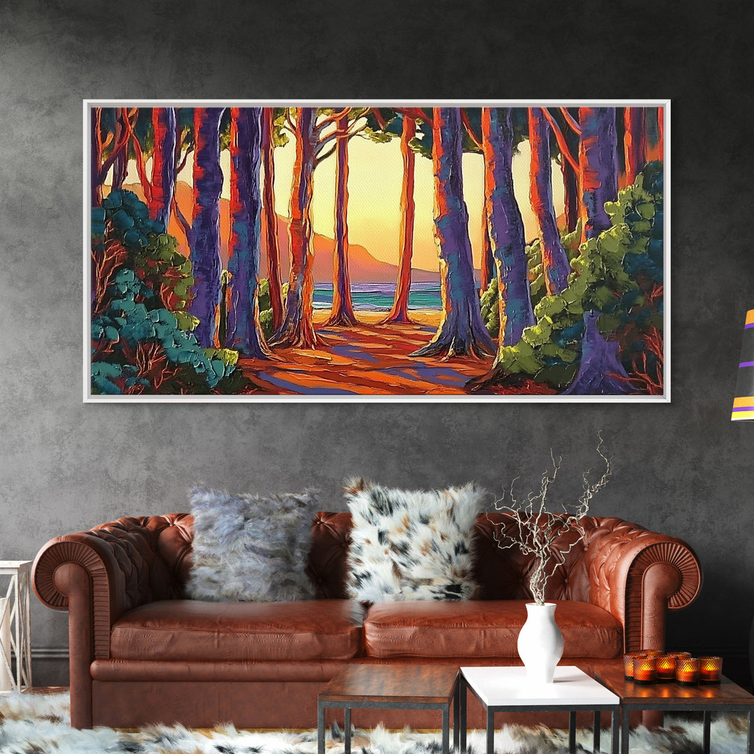 Trees Forest, Ocean, Sunset, Coastal Forest Path Framed Canvas Print, Nature Lover Wall Art, Cabin Decor, Fall Living Room Art