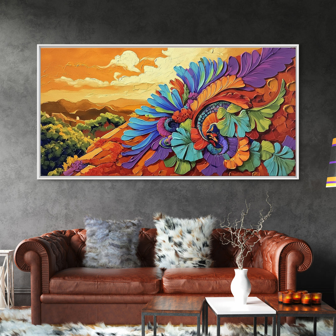 Colorful Feather, Design, Sunset, Framed Canvas Print, southwest wall art, abstract boho style, living room wall art, desert tones