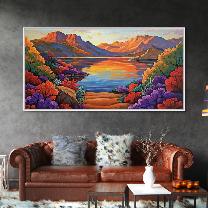 Lake Sunset, Desert, Mountains, Framed Canvas Print, colorful landscape wall decor, boho living room art, nature lovers gift