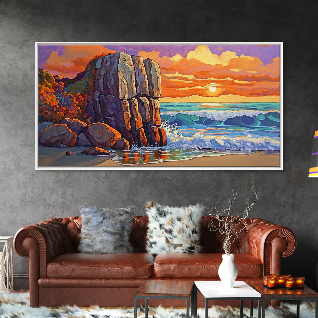 Rock Ocean, Sunset, Waves, Framed Canvas Print, coastal wall decor, bold shoreline art, living room beach style, nature theme