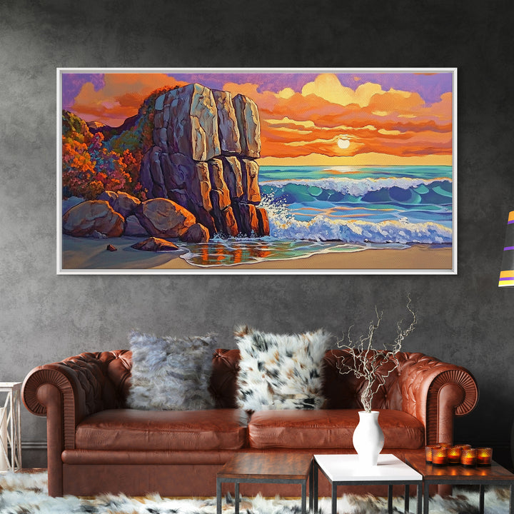 Rock Ocean, Sunset, Waves, Framed Canvas Print, coastal wall decor, bold shoreline art, living room beach style, nature theme