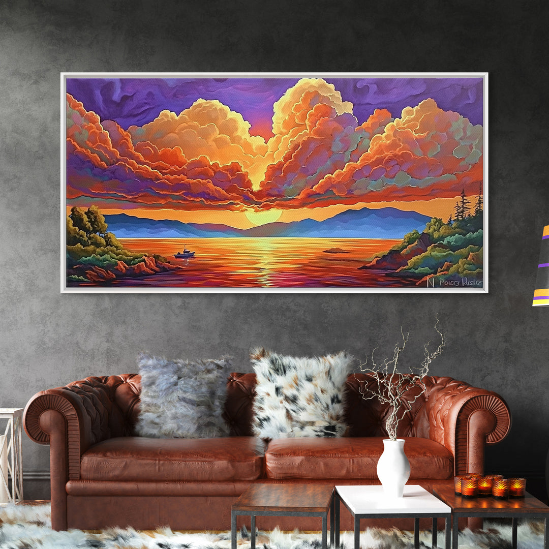 Boat Lake, Dramatic Sky, Sunset Clouds, Framed Canvas Print, Fall Landscape Art, Office Wall Decor, Vibrant Nature Scene, Moody Colors